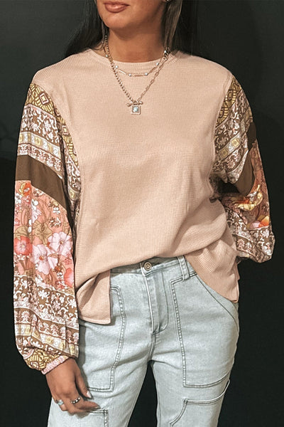 Trendy Women's Floral Patchwork Puff Sleeve Waffle Knit Top in Parchment - Chic and Comfortable for Any Occasion