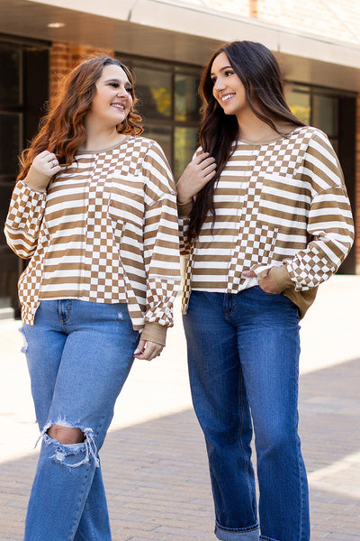Trendy Women's Khaki Checkerboard Patchwork Blouse with Lantern Sleeves and Pockets for Effortless Style