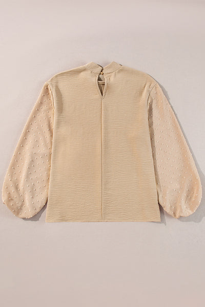 Elegant Women's Parchment Swiss Dot Balloon Sleeve Blouse - Loose Fit for Chic Casual Styles and Everyday Wear