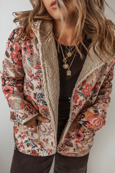 Women's Cozy Beige Vintage Paisley Floral Hooded Jacket with Sherpa Lining for Chic Winter Warmth