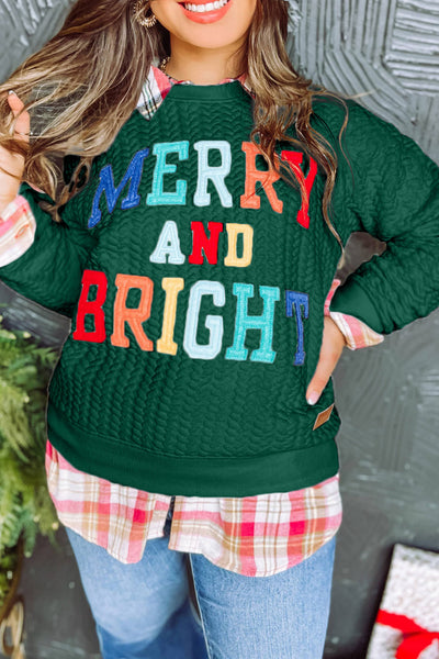 Women's Blackish Green Merry & Bright Cable Knit Pullover Sweatshirt - Cozy Holiday Style, Perfect for Winter Layers