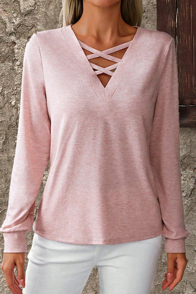 Women's Light Pink Crossover V-Neck Long Sleeve Tee - Soft & Comfy Casual Top for Everyday Chic Style