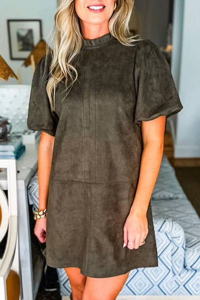 Moss Green Women's Frilled Mini Dress with Round Neck and Short Puff Sleeves - Chic Shift Style for Effortless Elegance