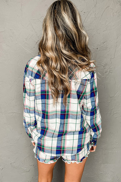 Cozy Women's Blue Plaid Lounge Set: Casual 2-Piece Summer Outfit with Relaxed Fit Shirt and Shorts for Ultimate Comfort