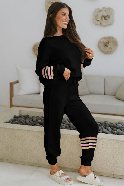 Women's Black Striped Activewear Set: Cozy Drop Shoulder Pullover & Jogger Pants for Casual Style and Comfort