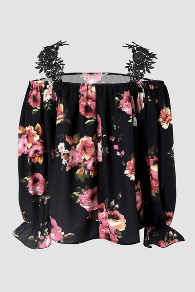 Casual Feather Print Off Shoulder Strap Blouse