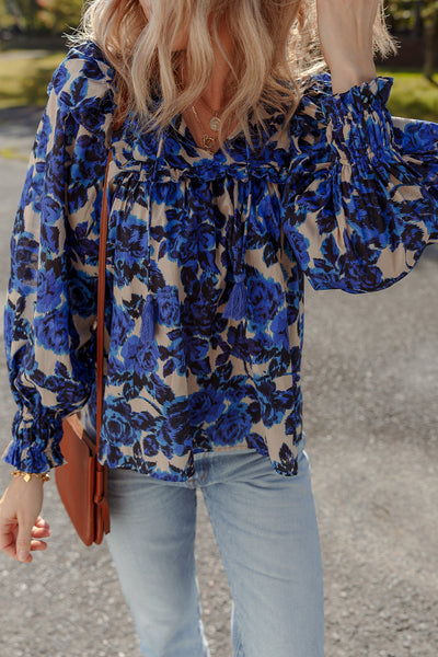 Chic Women's Blue Floral Blouse with Tassel Tie Neck, Ruffle Trim, and Long Puff Sleeves for Effortless Style