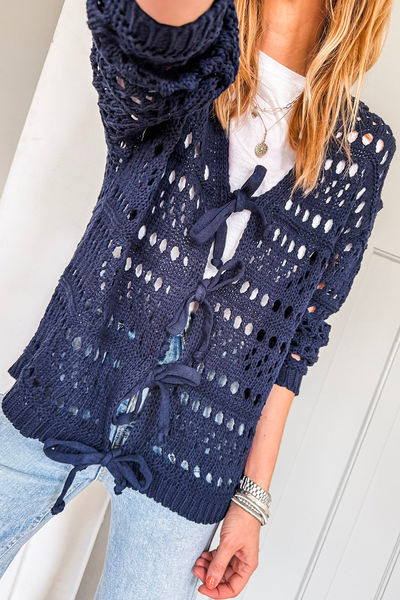 Women's Lightweight Navy Blue Crochet Tie Front Cardigan - Chic Knit Sweater for Casual Spring & Summer Outings