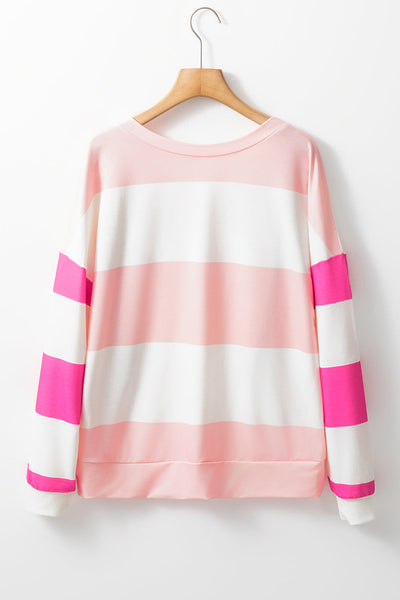 Women's Casual Chic Light Pink Colorblock Striped Long Sleeve Drop Shoulder Top for Effortless Everyday Style