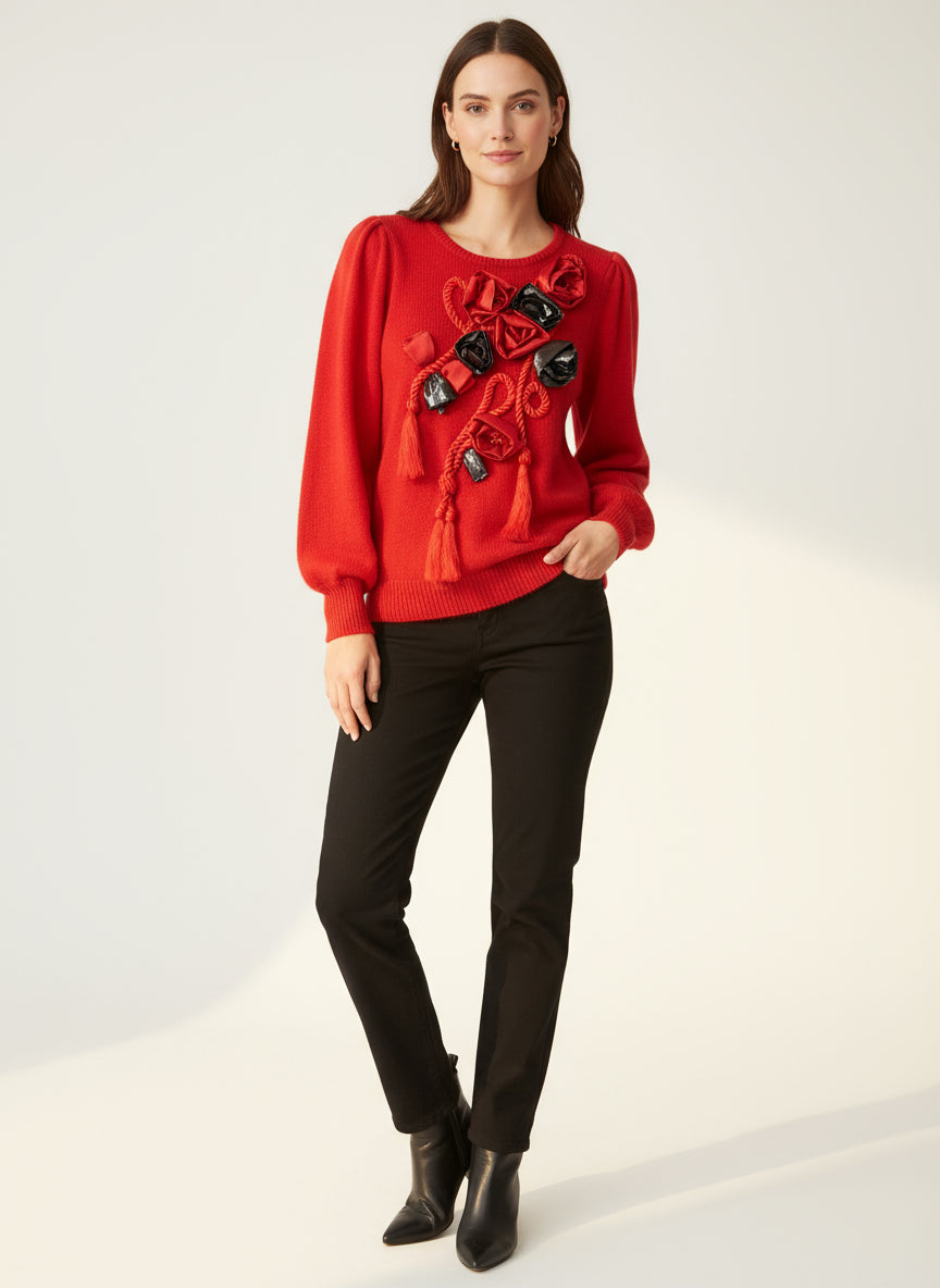 Cross Roads Red Angora Sweater w/ Satin Rose Detail
