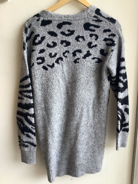 Grey Leopard Print Knit Cardigan