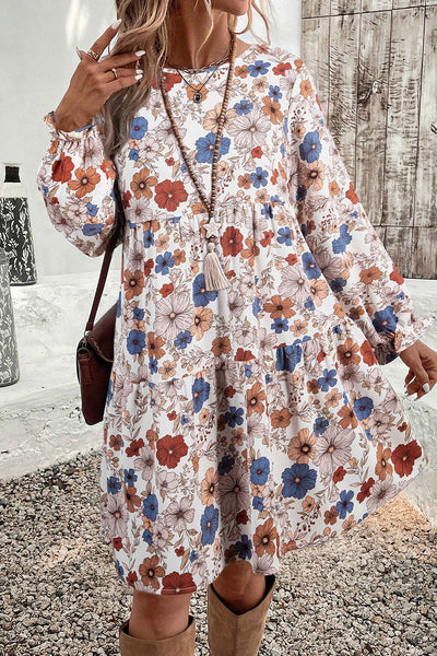 Women's Khaki Floral Tiered Shift Dress with Long Ruffle Sleeves
