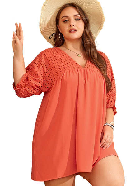 Elegant Eyelet Babydoll Dress with Carrot Contrast Bodice
