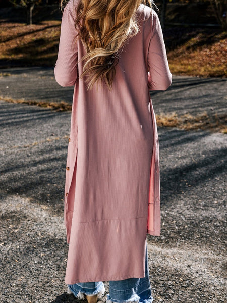 Pink Ribbed Button-Up Duster Cardigan with Side Splits