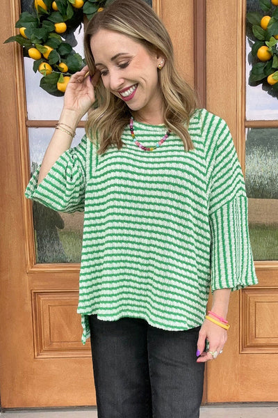 Stylish Women's Green Stripe High Low Top with Bracelet Sleeves - Comfortable Casual Everyday Wear for Effortless Style