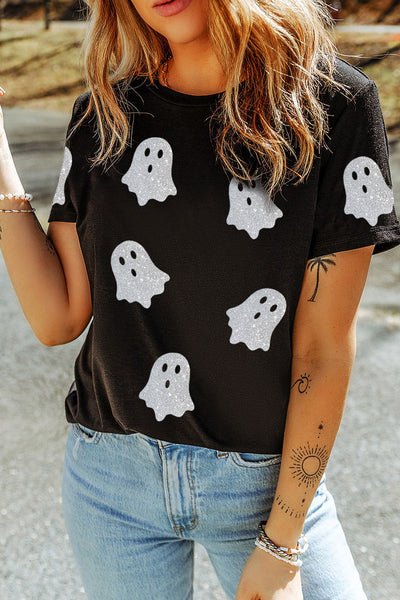 Women's Black Glitter Ghost Pattern Crew Neck Halloween T-Shirt - Fun & Festive Casual Wear for Spooky Season