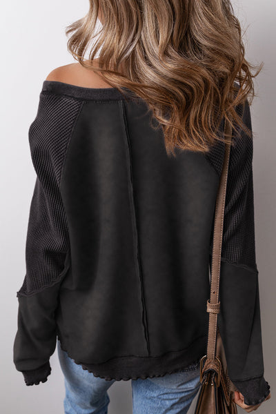 cozy women's black waffle knit raglan sweatshirt - trendy patchwork design for casual outings and everyday wear made for easy styling and wardrobe