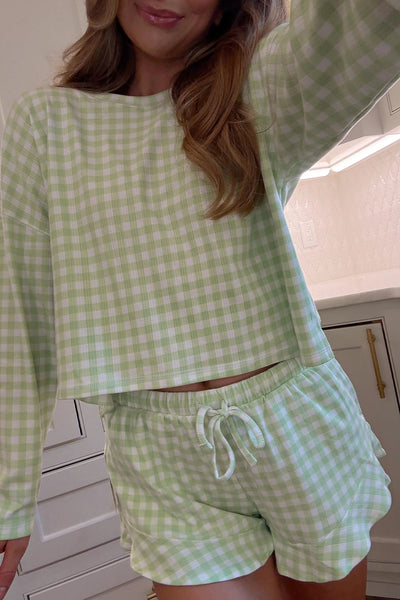 Stylish Women's Green Gingham 2-Piece Pajama Set - Relaxed Long Sleeve Top & Drawstring Shorts for Cozy Sleepwear