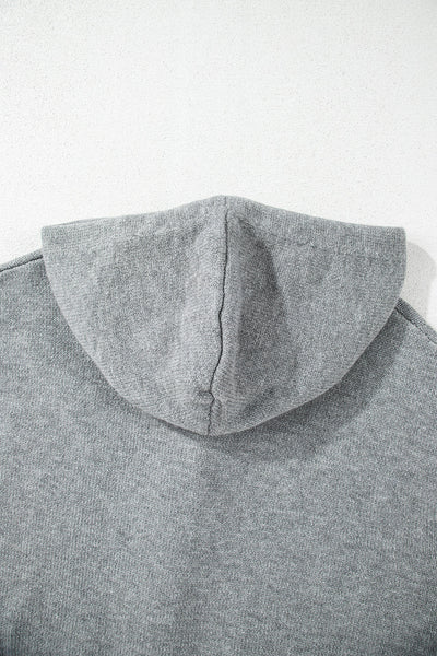 Cozy Women's Medium Grey Hooded Cardigan Sweater with Button-Up Closure and Drop Shoulders for Effortless Style