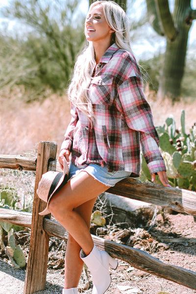 Trendy Women's Pink Plaid Shacket with Flap Pockets - Stylish Layering Top for Casual Chic Outfits