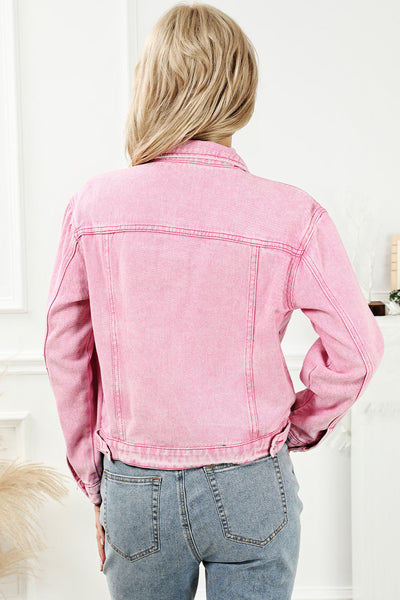 Women's Pink Acid Wash Button Flap Pocket Denim Jacket