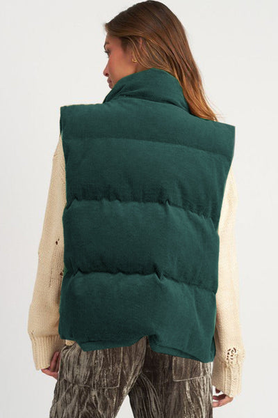 Chic Women's Jungle Green Corduroy Puffer Vest with Stand Collar and Zipper  Cozy Layer for Trendy Fall Looks