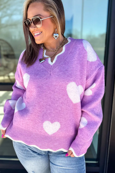 Plus Size Women's Cozy Purple Scalloped V-Neck Sweater with Heart Design Stylish Knitwear for Any Occasion