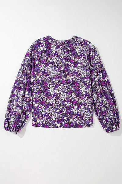 Women's Trendy Purple Boho Floral Blouse with Split V-Neck & Bubble Sleeves - Stylish, Comfortable Fashion Top
