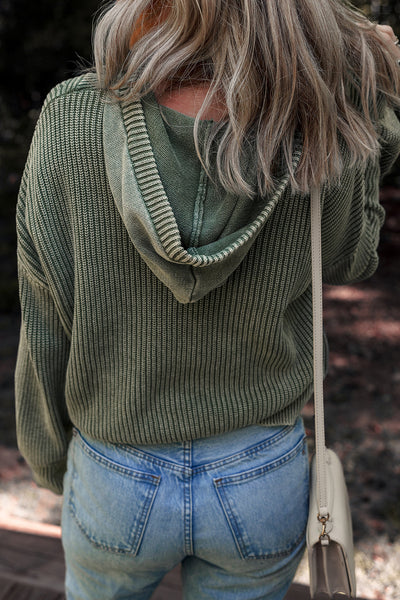Women's Mist Green Ribbed Knit Hooded Pullover Sweater - Cozy Casual Style with Drawstring and Mineral Wash Finish