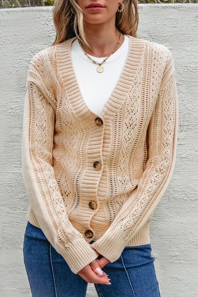 Cozy Beige Open Knit Cardigan for Women - Effortless Drop Shoulder Lightweight Sweater for Stylish Layering