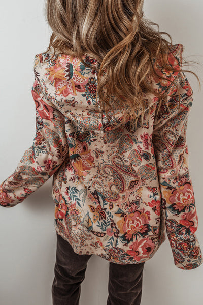 Women's Cozy Beige Vintage Paisley Floral Hooded Jacket with Sherpa Lining for Chic Winter Warmth