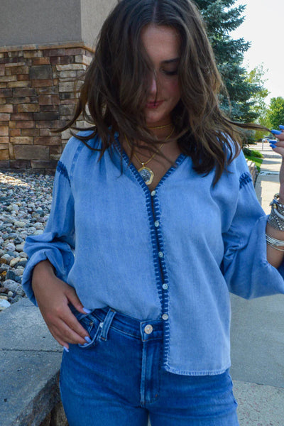 Chic Women's Beau Blue Chambray Button-Down Shirt with V-Neck, Long Sleeves, and Stylish Stitched Detail