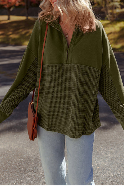 Women's Cozy Moss Green Waffle Knit Half-Zip Sweatshirt - Stylish Patchwork Design for Casual Comfort