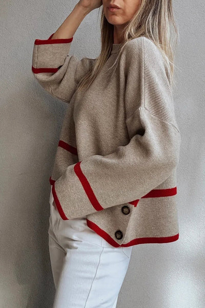 Cozy Relaxed Fit Taupe Ribbed Knit Sweater for Women with Button Side and Trendy Contrasting Stripes