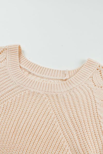 Chic Beige Women's Hollow-Out Knit Sweater with Puffy Sleeves Cozy Fall Fashion Essential for Stylish Ladies