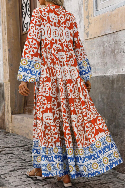 Women's Flowy Orange Boho Maxi Dress with Geometric Print and Long Sleeves for Effortless Style and Comfort