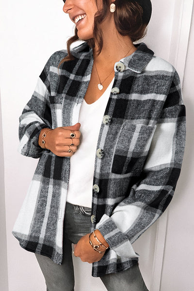 Women's Charcoal and White Plaid Button-Down Shacket