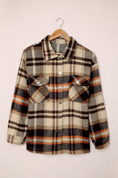 Trendy Women's Orange Geometric Plaid Shacket with Pockets - Perfect Layering Jacket for Casual Chic Looks