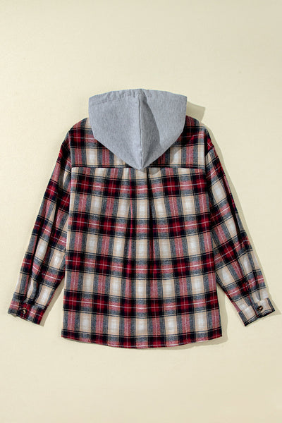 Women's Casual Red Plaid Hooded Shacket with Chest Pocket - Trendy Layering Jacket for Fall Fashion