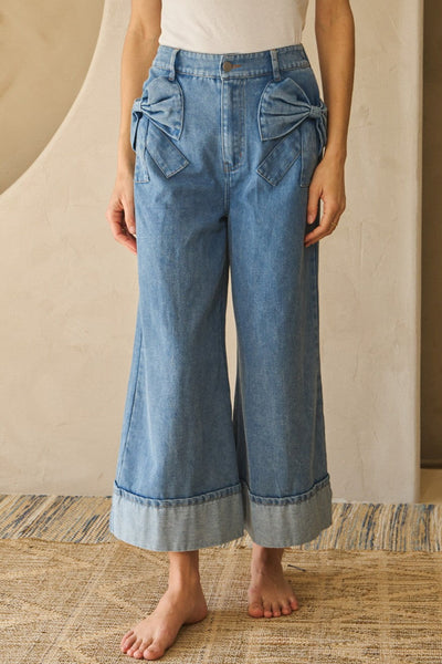 women's washed denim wide leg jeans with bow detail - easy and wearable casual pants for effortless chic looks with practical styling and dependable