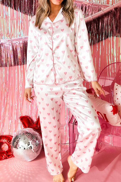 Women's Relaxed Fit Pink Heart Print Silky Pajama Set - Stylish Long Shirt & Shorts Sleepwear for Cozy Nights