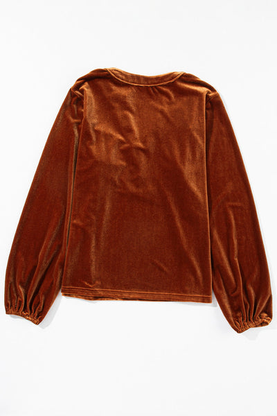 Elegant Women's Gold Velvet Top with Beaded Details, Lantern Sleeves, and Split V-Neck for Evening Events