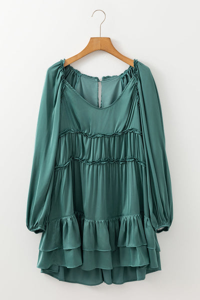Women's Mist Green Puff Sleeve Mini Dress - Tiered Ruffled Design, Loose Fit, Ideal for Summer Outings and Casual Events