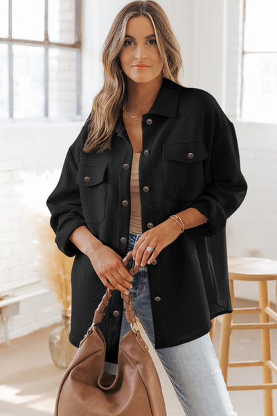 Trendy Women's Black Textured Flap Pocket Shacket - Stylish Button-Up Layer for Fall Fashion and Cozy Outfits