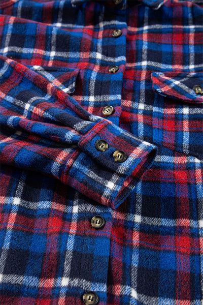 Women's Stylish Navy Blue Plaid Shacket with Flap Pockets - Trendy Button-Up Layering Essential for Fall Outfits