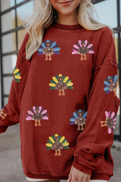 Women's Racing Red Corduroy Turkey Graphic Oversized Sweatshirt made for easy styling and wardrobe coordination, with premium-like structure and