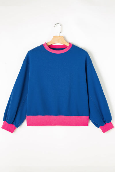 Trendy Women's Blue Colorblock Bubble Sleeve Sweatshirt Stylish Casual Top for Comfort and Everyday Wear
