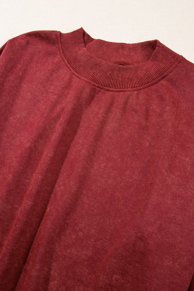 Women's Cozy Red Dahlia Drop Shoulder Crew Neck Sweatshirt - Casual Pullover for Effortless Style and Comfort