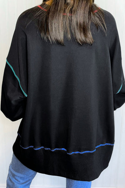 Women's Black Sequin Joy Graphic Sweatshirt with Contrast Seaming