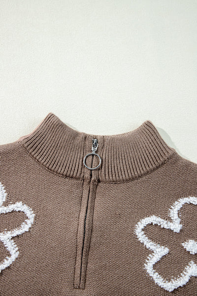 Trendy Women's Half-Zip Floral Sweater in Parchment with Stand Neck - Cozy Fall Essential for Stylish Outfits